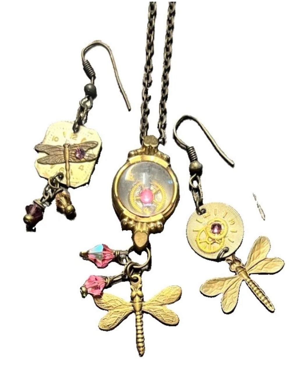 RARE Vintage Watch Faces Reworked into a necklace/earring set with pink accents